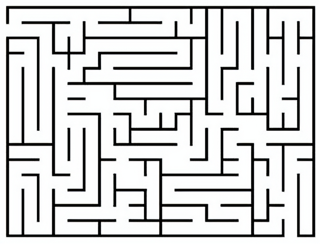 A black and white maze with an arrow on it.